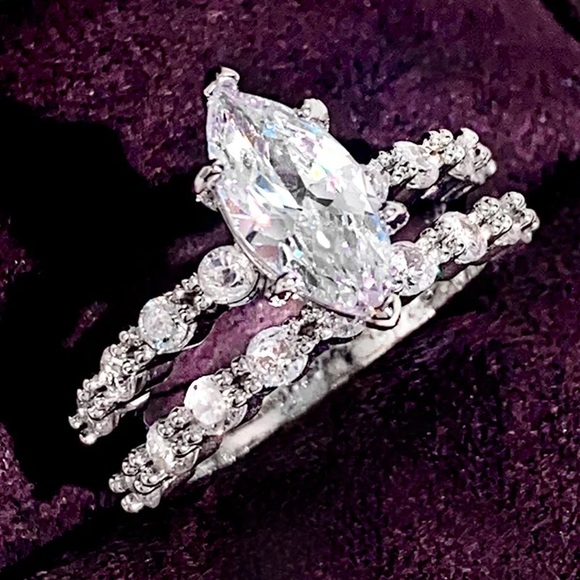 💍Sterling Silver Marquis & Round Cut Zircon 2Piece Bridal Ring Set - Picture 5 of 10